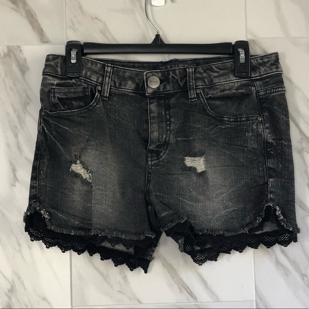 Black Ripped Lace Denim Shorts